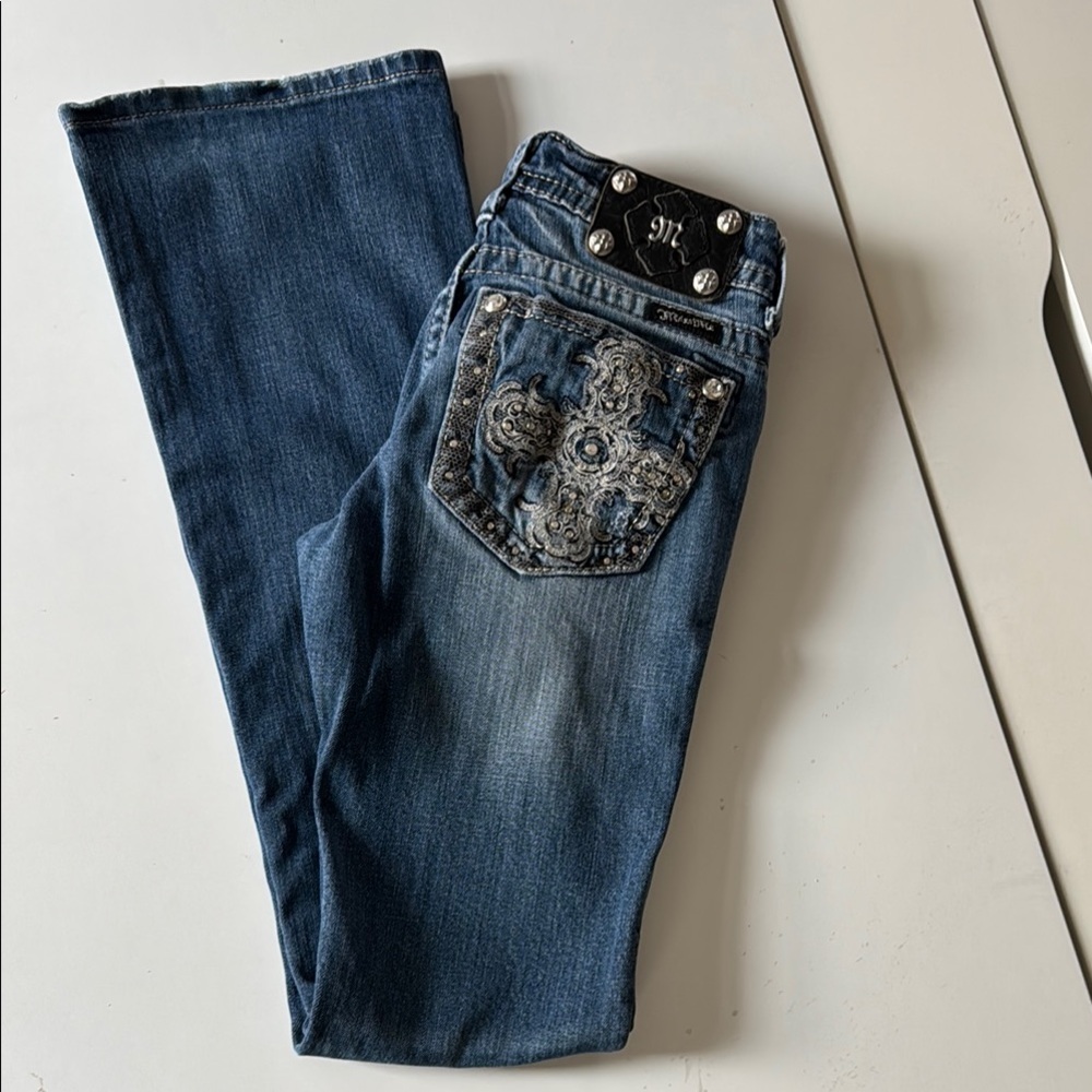 Miss Me Blue Boot Cut Jeans with Ornate Stitching size 26